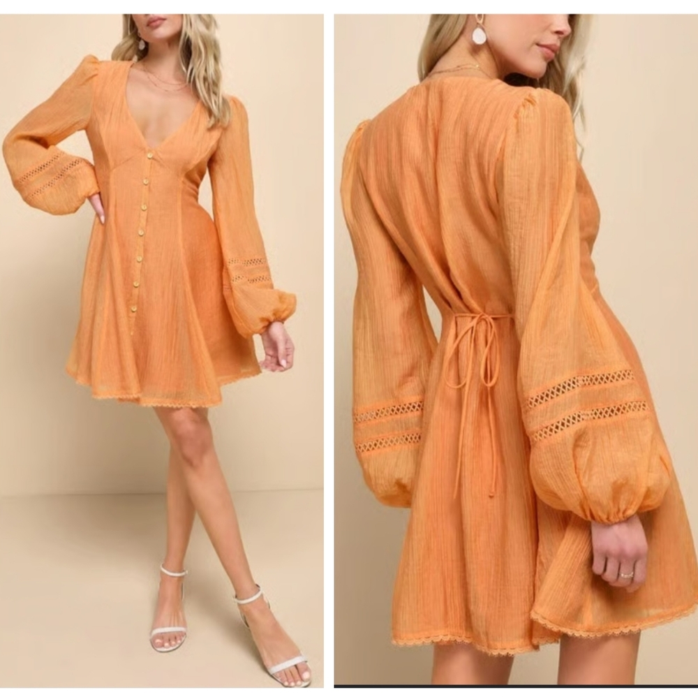 Lulus Strolling Sweetie Crochet Button-Front Mini Dress Cocktail long sleeve Ora